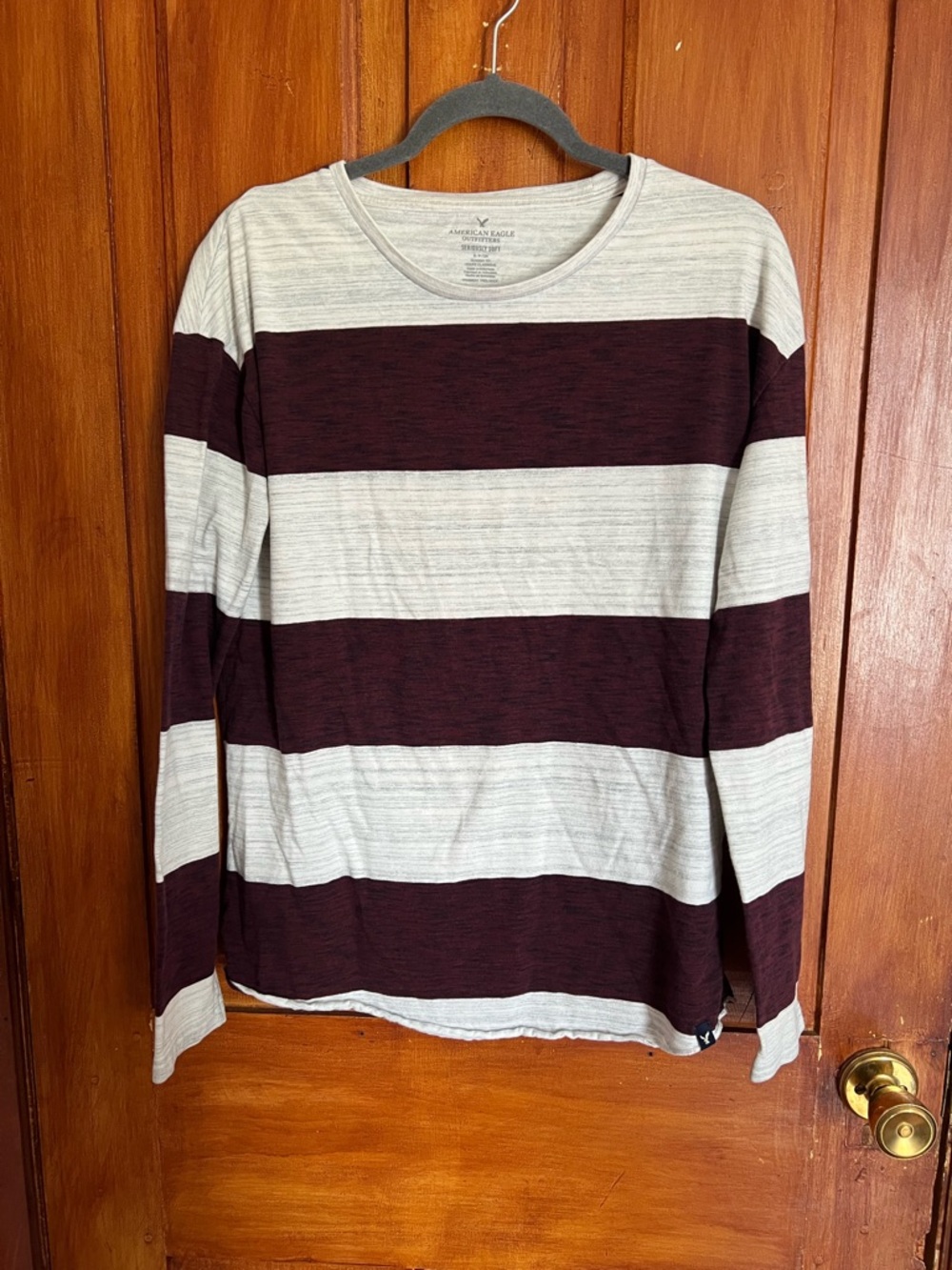 American Eagle Outfitters Two-Tone Striped Crewneck Tee - Maroon & Light Gray